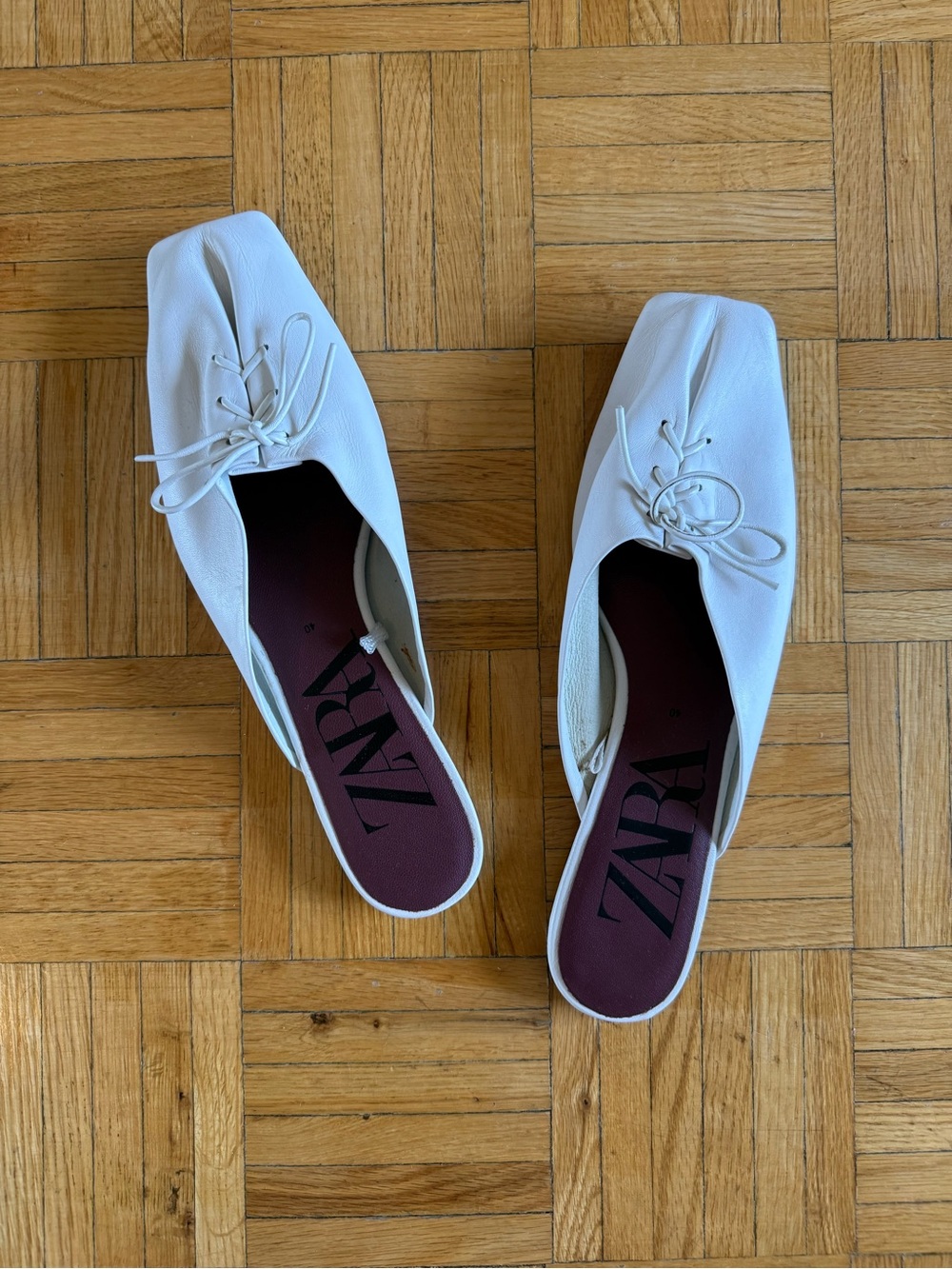 ZARA White Square-Toe Lace-Up Mule Flats